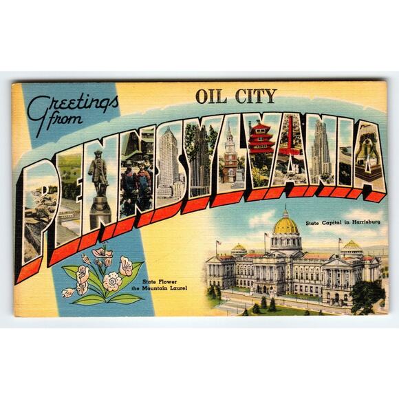 Vintage Pennsylvania Oil City Greetings Linen Postcard State Capitol - Picture 1 of 2